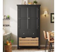 MAMAINI Armadietto da cucina, 80 x 40 x 140 cm, buffet da cucina, multiuso, con due ante e cinque cassetti, nero/bianco