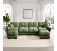 MAMAINI Divano a U a 4 posti, in tessuto di ciniglia, 2 pouf mobili, design trapuntato fine, morbido e di supporto, schienale ergonomico, facile da montare, verde