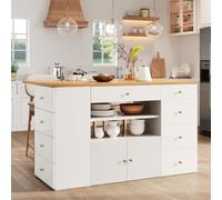 MAMAINI Isola da cucina, credenza con sgabelli da bar, mobile da cucina con 6 cassetti e sgabelli, larghezza regolabile, 140 x 40 (70) x 89 cm, bianco/nero