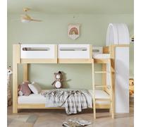 MAMAINI Letto a castello per bambini, con scaffale a tre livelli, sponda sicura, scala a tre gradini, stabile rete a doghe di pino + MDF + compensato, bianco + naturale, 90 x 200 cm