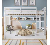 MAMAINI Letto a castello per bambini, letto estraibile con ruote, con una serie di ripiani lunghi 2 metri, doghe e scala, pino + MDF + compensato, bianco, 90 x 200 cm