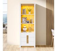 MAMAINI Vetrina bianca da 200 cm con illuminazione a LED, libreria con 3 cassetti con 3 scomparti, armadio per soggiorno, cucina, sala da pranzo, armadietti con divisorio regolabile, 55 x 40 x 200 cm