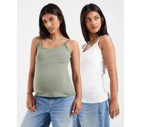 Mamalicious Maternity - Confezione da 2 canotte per l'allattamento multifunzionali kaki e bianco-Multicolore XL