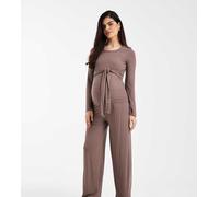 Mamalicious Maternity - Pantaloni a fondo ampio in jersey color marrone chiaro a coste in coordinato XS