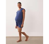 Mamalicious Maternity - Set con top e pantaloncini in jersey blu indaco a coste con maniche con volant 2XL
