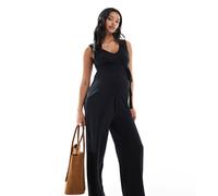 Mamalicious Maternity - Tuta jumpsuit allacciata in vita a fondo ampio nera in jersey con scollo a V-Nero 2XL
