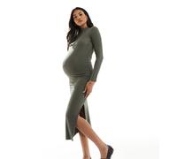 Mamalicious Maternity - Vestito midi morbido accollato a maniche lunghe color foglia di vite a coste-Verde XS