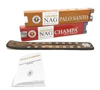 Golden Nag Incensi - Set 2 x 15 gr con Porta Incenso in Legno - Palo Santo e Champa - PortaIncenso -Bastoncini Naturali per Meditazione, Yoga, Rilassamento - Con manuale esclusivo Mamami™