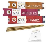 Golden Nag Incensi - Set Essenza Spirituale - 3 Confezioni x 15 gr - Palo Santo, Champa, Meditation - Incensi naturali - per Meditazione, Yoga, Rilassamento e Purificazione Casa
