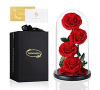 MAMAMIKO 4 Rosa Stabilizzata Vera in Cupola Vetro, Fiori Rose Eterna, Idee Regalo Festa della Mamma, Regalo per Lei, Donna, Fidanzata, Mamma a San Valentino, Compleanno, Anniversario (Rossa)