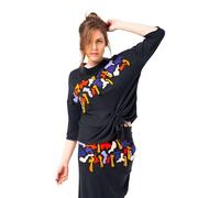 Mamatayoe Chi-ro. Maglietta a Manica Tre Quarti per Donna con Collo Alto di Colore Nero con Dettagli Ricamati. Top Arricciato con Frange, Moderno e Casual per Autunno Inverno. Taglia M
