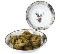 MamboCat Alois - Set di 2 piatti da portata Ø 25,5 cm, 1,3 l, in porcellana bianca con decorazione a cervo e effetto legno, per patate, gnocchi, verdure, dessert, zuppe e così via.