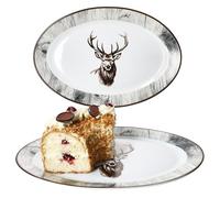 MamboCat Alois Set di 2 piatti da portata ovali, 35,5 x 24,3 cm, piatti allungati in porcellana con decorazione a cervo e effetto legno, per sushi, antipasti, tapas & Co. I