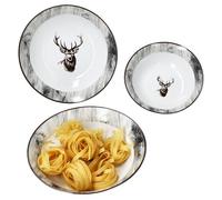 MamboCat Alois - Set di 3 piatti da portata da 650 ml, 1 l e 1,3 l, in porcellana bianca con decorazione di cervo e effetto legno, per patate, gnocchi, verdure, dessert, zuppa e così via.