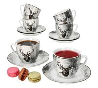 MamboCat Alois - Set di tazze da caffè con piattini per 6 persone, in porcellana con decorazione a cervo, per colazione e caffè, 6 tazze da tè da 200 ml e piattini