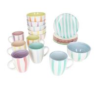 MamboCat Beach Pastello Stripes, set da 18 pezzi, 6 piccoli piatti da colazione, ciotola per cereali e tazze da caffè per 6 persone con strisce pastello per colazione e caffè