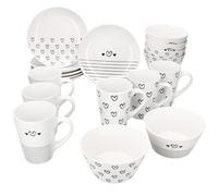MamboCat Cupid, set da 18 pezzi, 6 piatti da torta, 6 ciotole per cereali da 450 ml e 6 tazze da caffè da 350 ml, stoviglie in porcellana nera e bianca con cuore e strisce decorative, tempo del caffè