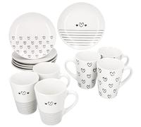 MamboCat Cupid, set da colazione da 12 pezzi, 6 piatti da torta Ø 18,5 cm e 6 tazze da caffè da 350 ml, stoviglie in porcellana bianco e nero con cuore e strisce decorative, per colazione e caffè