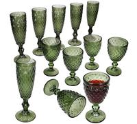 MamboCat Diamond - Set di 6 Bicchieri da Vino e 6 Bicchieri da Spumante, in Vetro Verde con Effetto sfaccettato, per Vino, Spumante, per Feste, Natale e così Via.