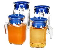 MamboCat KORA Set di 4 brocche per frigorifero con coperchio in plastica blu, 0,5 litri, caraffa quadrata in vetro con beccuccio e manico per tè freddo, acqua, succhi di frutta, latte & Co.