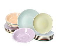 MamboCat Pastello - Set di 18 Piatti Colorati in Gres Porcellanato per 6 Persone, Piani, Fondi e da Torta, Dessert e Profondi