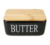 MamboCat Reni Burriera con coperchio in bambù, rettangolare in ceramica nera con scritta bianca, per 1 pezzo di burro (250 g), per conservare burro e margarina