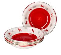 MamboCat Rentier Unik - Set di 4 piatti fondi, 450 ml, 4 persone, Ø 21 cm, per Natale, con cervi e fiocchi di neve, piatto per spaghetti, insalata, ciotola in gres