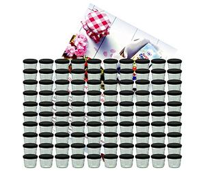 MamboCat, set da 100 vasetti in vetro da 230 ml, per marmellate, con coperchio da 82 mm nero e ricettario “Gelierzauber” di Diamant-Zucker (lingua italiana non garantita)