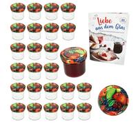 Mambocat - Set da 25 vasetti in vetro per marmellate e conserve 125 ml coperchio a vite con motivo decorativo frutta 66 mm in omaggio libro di ricette “Gelierzauber” di Diamant-Zucker (lingua italiana non garantita).