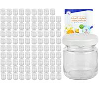 MamboCat Set di 100 bicchieri rotondi da 53 ml, colore del coperchio bianco fino a 43, con libro di ricette per gelificante, barattoli per conserve, barattoli per conserve, mini vasetti per frutta