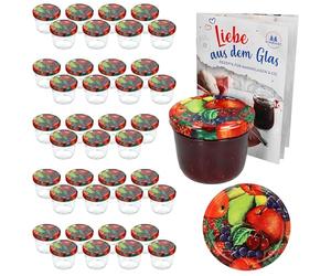 MamboCat - Set di 100 vasetti in vetro da 230 ml, con coperchio Twist-Off e pera gialla + ricettario gratuito, per cucinare e conservare, adatti al forno