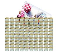 MamboCat Set di 100 vasetti in vetro da 230 ml, per marmellate, conserve fino a 82 coperchi dorati, con ricettario per gelificare con diamante