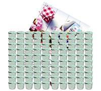 MamboCat Set di 100 vasetti in vetro da 230 ml, per marmellate, conserve fino a 82 pezzi, con coperchio a quadretti verde, incluso ricettario per gelificare e gelificare