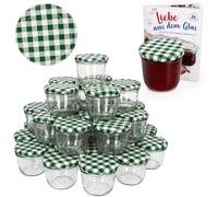 MamboCat Set di 100 vasetti in vetro da 230 ml, per marmellate e conserve, coperchio verde a quadretti, incluso ricettario Diamant-Zucker Gelierzauber