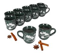 MamboCat Set di 12 bicchieri da vino brulé da 0,2 l, verde, paesaggio natalizio, classiche tazze in ceramica, calibrate, ideali per il mercato di Natale