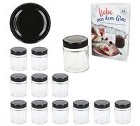 MamboCat Set di 12 vasetti per marmellata da 161 ml con coperchio a vite nero, vasetti a bordo alto + coperchio Deep to 58 con ricetta per zucchero diamantato, barattoli per conservare e conservare