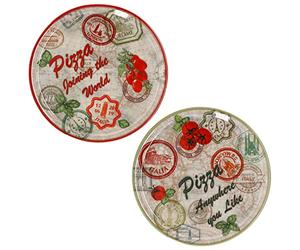 MamboCat Set di 2 piatti per pizza Mosca & Roma, verde e rosso, Ø 33 cm, piatti in porcellana bianca con motivi per servire antipasti e mozzarella di pomodoro, confezione doppia piastra per pizza