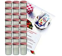 MamboCat - Set di 24 vasetti in vetro per marmellate e conserve, da 435 ml, con coperchio a quadretti rossi e libro di ricette incluso