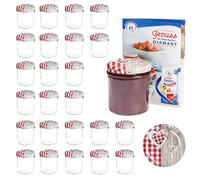 MamboCat Set di 25 vasetti da 350 ml | vasetti per conserve + coperchio Twist-Off in legno a quadretti rossi + ricettario gratuito | conserva & conserve | adatti al forno