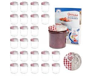 MamboCat Set di 25 vasetti da 350 ml | vasetti per conserve + coperchio Twist-Off in legno a quadretti rossi + ricettario gratuito | conserva & conserve | adatti al forno