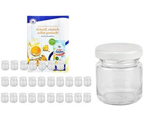 MamboCat Set di 28 vasetti rotondi da 53 ml Colore del coperchio: bianco a 43 + libro di ricette di Diamant Gelierzauber Vasetti per conservare Mini vasetti di frutta Vasetti per porzioni
