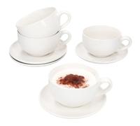 MamboCat Set di 4 tazze da cappuccino con piattini, 4 tazze panciate da 200 ml e 4 piattini in gres porcellanato per 4 persone, bianco crema, set semplice per colazione e caffè
