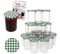 MamboCat Set di 48 vasetti in vetro per marmellate e conserve, da 435 ml, coperchio a quadretti verdi con ricettario incluso ricettario