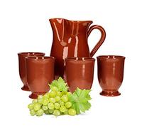 MamboCat Set di 5 brocca di argilla 1 l + 4 bicchieri di argilla da 175 ml resistenti marrone smaltato teiera da portata tazze da cucina mediterranea per vino e feste medievali
