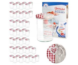 MamboCat - Set di 50 vasetti in vetro da 435 ml, con coperchio Twist-Off a forma di cuore in legno a quadretti rossi + ricettario gratuito (lingua italiana non garantita)
