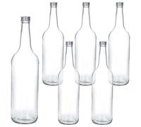MamboCat Set di 6 bottiglie a collo dritto, 1 litro + tappo a vite, argento, bottiglia di vetro sostenibile con coperchio a vite, 1000 ml, da riempire per succo, acqua, olio, condimento & Co