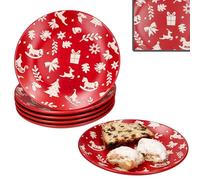 MamboCat Set di 6 piatti da dessert Avvento, Ø 20 cm, in gres porcellanato rosso con motivi natalizi in crema, per Natale, Avvento e Nicola