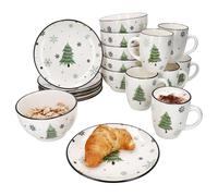 MamboCat Set per albero di Natale, 18 pezzi, 6 piccoli piatti da colazione, ciotola per cereali e tazza da caffè per 6 persone con albero di Natale e fiocchi di neve