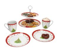 MamboCat Set per colazione natalizia, 5 pezzi, 2 persone, 1 alzata a 2 piani, 2 tazze da caffè da 340 ml e 2 piatti da colazione in porcellana, per vin brulé, per Natale