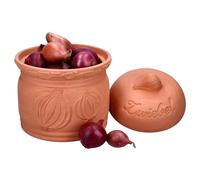 MamboCat Terra - Vaso per cipolle in terracotta, Ø 17,8 cm, con coperchio per la vostra cucina, elegante contenitore con rilievo e scritta, ideale per la conservazione a lungo